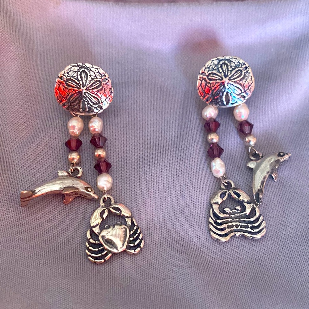 Vintage Sterling/Freshwater Pearl Dolphin and Crab Earrings